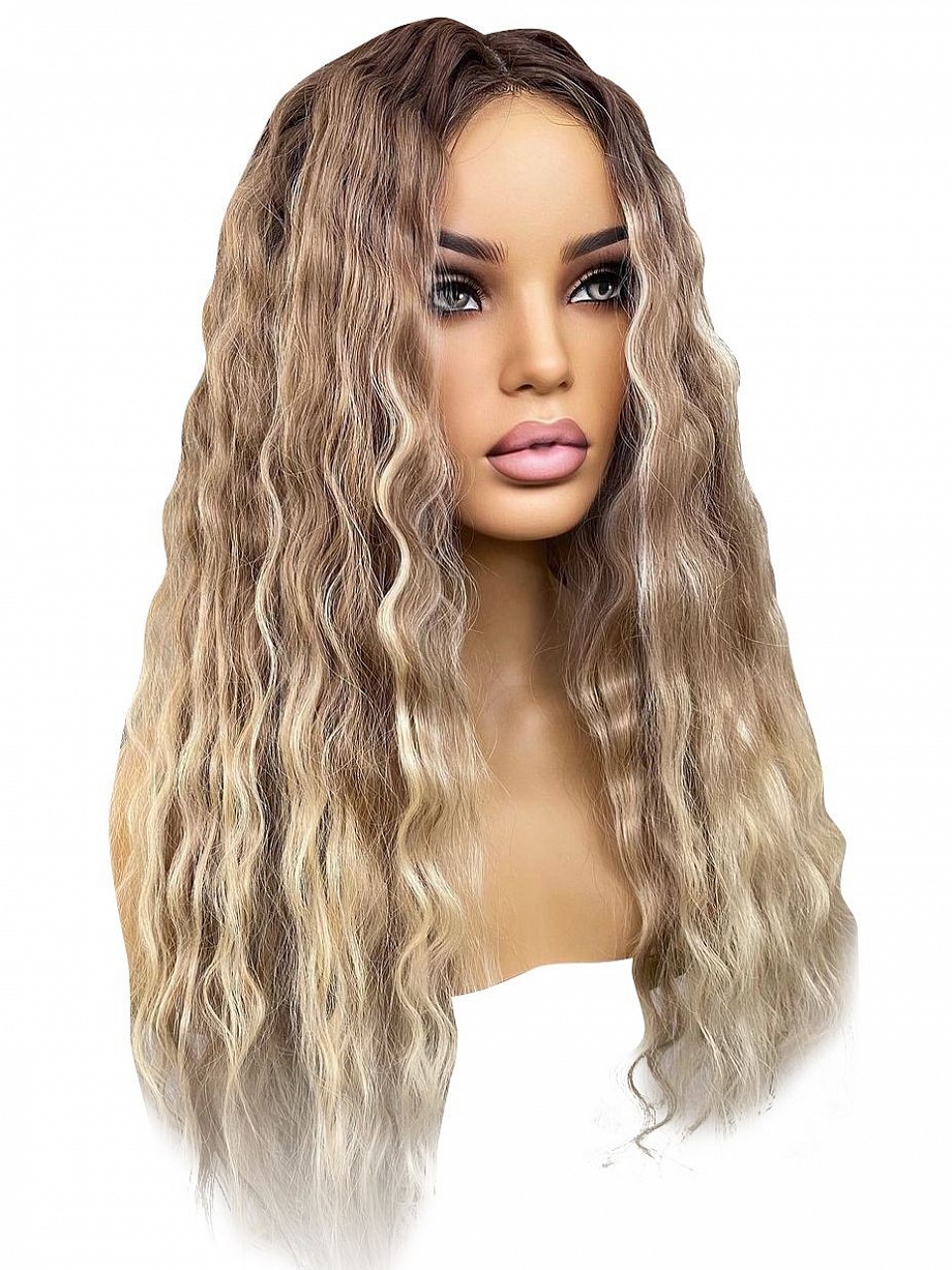 Gorgeous Blonde Highlights Ombre Curly Wavy Human Hair Wig Invisible ...