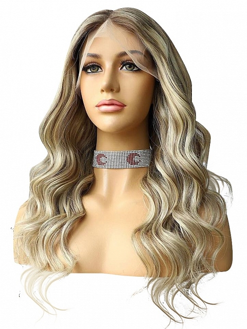 Ashy Blonde Balayage Long Wavy Premium Human Hair Lace Wig Wig028 Wigs Wigshe 9106